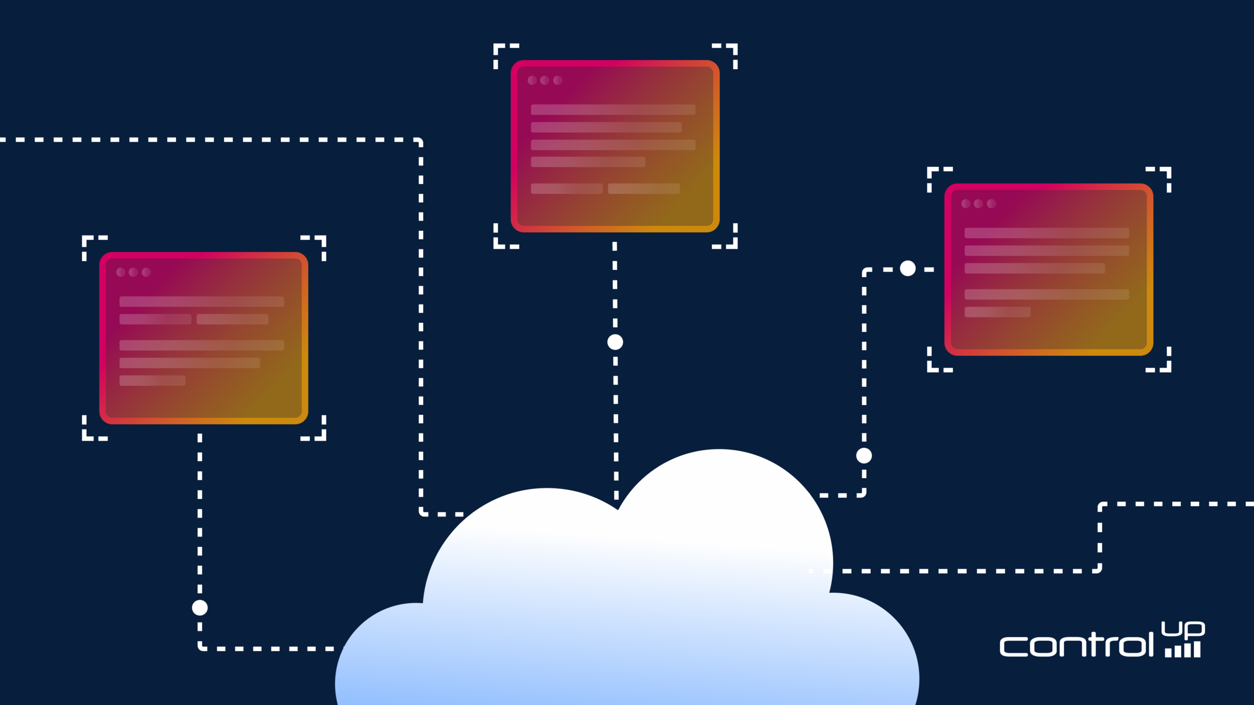 White cloud at the bottom center with three boxes floating above, connected by dotted white lines, to illustrate virtual desktop interfaces (VDI) monitoring