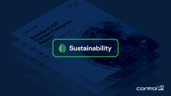 A blue-toned graphic with a stack of documents titled "Standard ICT Carbon Footprint Report." A bright green rounded rectangle in the center foreground has a leaf icon and the word "Sustainability." In the bottom right corner is the ControlUp logo. The top right corner has "Px3" written in white.