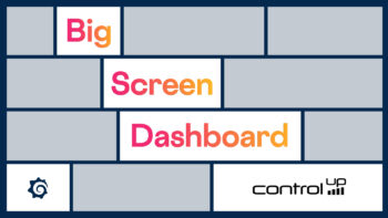 The image is a rectangular graphic with a dark blue background. It is divided into several sections by lighter gray rectangular outlines, resembling a brick wall pattern. In the top row, the word "Big" is centered within a white rectangular block. The letters of "Big" are colored in a gradient from pink to orange. Below "Big," in a larger white rectangular block, the word "Screen" is displayed, also with a pink-to-orange gradient. In the next row, within a white rectangular block, the word "Dashboard" is written with the same pink-to-orange gradient. In the bottom left corner, a white outline of a circular, gear-like icon with a swirl in the center is present. In the bottom right corner, a white rectangular block contains the "controlup" logo, which consists of the word "controlup" in a stylized font, with three vertical bars of increasing height to the right of the word.