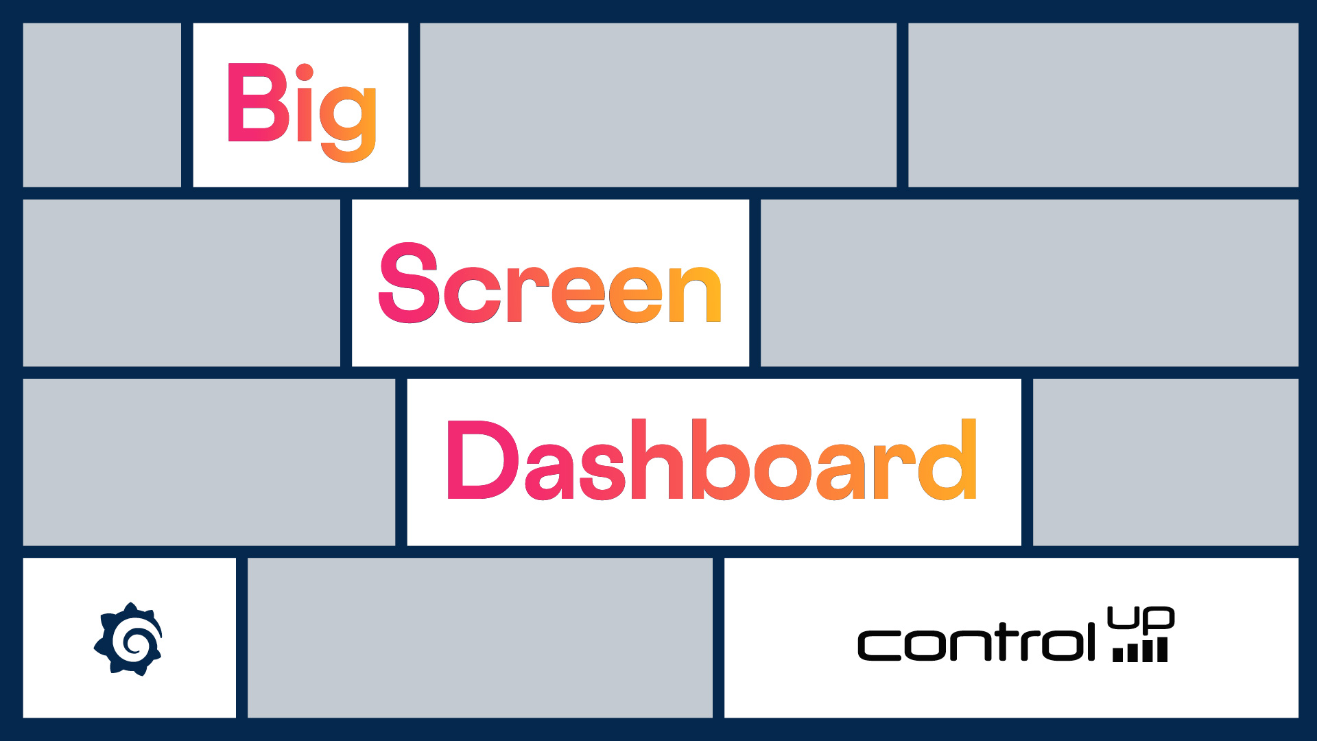 The image is a rectangular graphic with a dark blue background. It is divided into several sections by lighter gray rectangular outlines, resembling a brick wall pattern. In the top row, the word "Big" is centered within a white rectangular block. The letters of "Big" are colored in a gradient from pink to orange. Below "Big," in a larger white rectangular block, the word "Screen" is displayed, also with a pink-to-orange gradient. In the next row, within a white rectangular block, the word "Dashboard" is written with the same pink-to-orange gradient. In the bottom left corner, a white outline of a circular, gear-like icon with a swirl in the center is present. In the bottom right corner, a white rectangular block contains the "controlup" logo, which consists of the word "controlup" in a stylized font, with three vertical bars of increasing height to the right of the word.