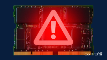 ControlUp diagnostic graphic showing a glowing red warning triangle over a computer RAM stick, illustrating hardware performance issues and memory errors.