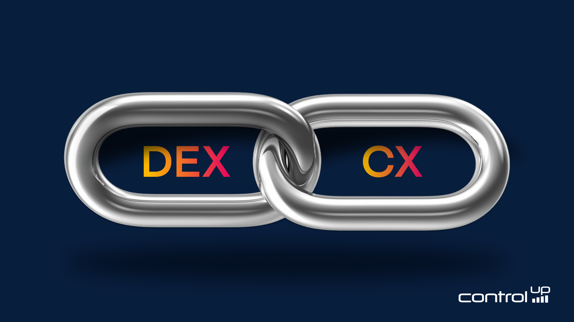 Silver metallic chain link with the letters "DEX" on the left and "CX" on the right. Below the chain is the "controlup" logo. The background is a solid dark blue.