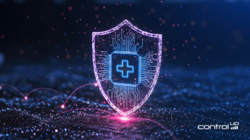 A glowing digital shield made of circuitry with a central medical cross, symbolizing the Digital Immune System and cybersecurity resilience by ControlUp.