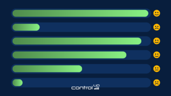 ControlUp infographic displaying six horizontal green progress bars tracking employee sentiment, with each bar corresponding to a happy, neutral, or sad emoji, and the company logo at the bottom.