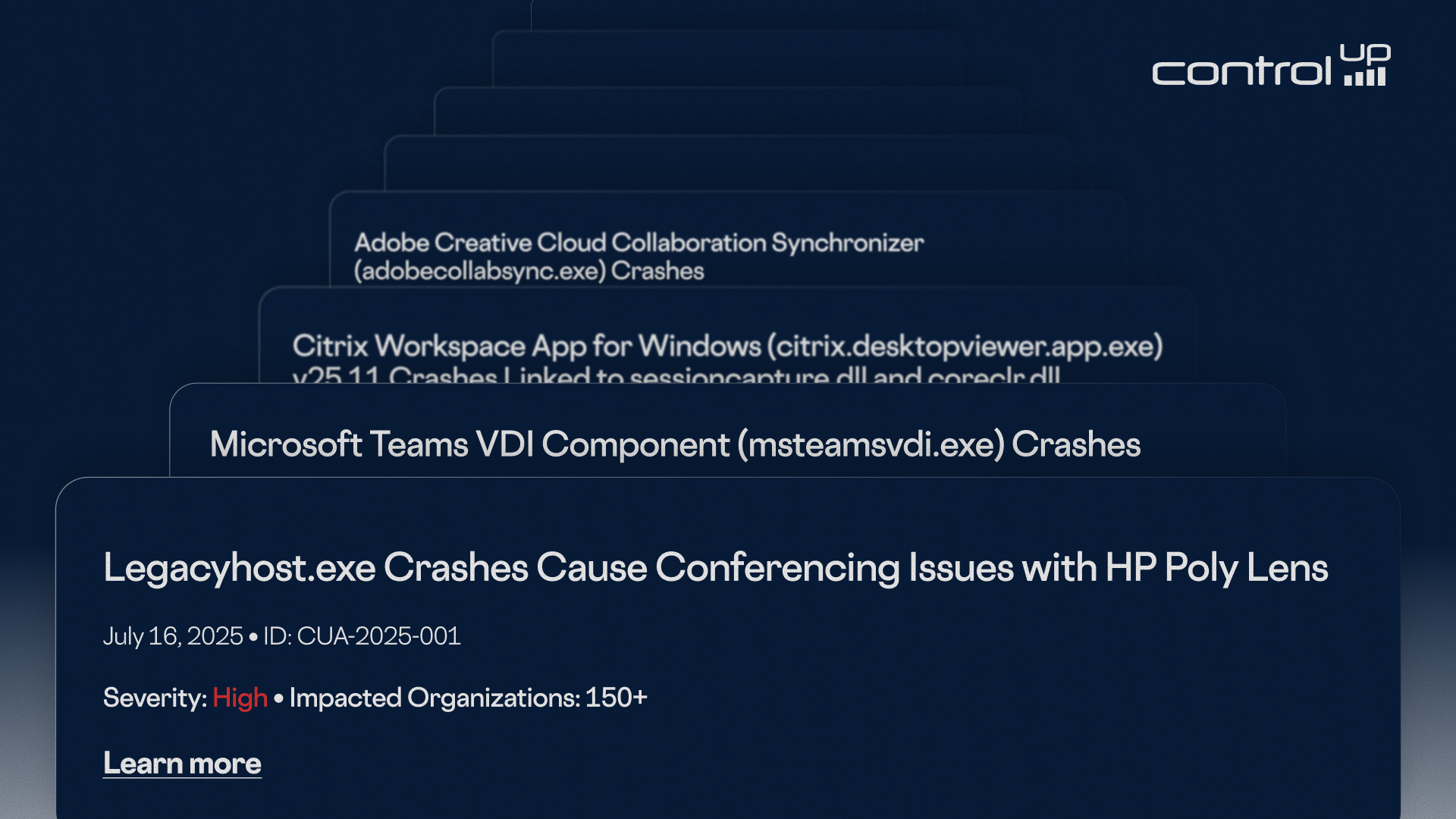 ControlUp Global DEX Findings stack displaying a high-severity alert for Legacyhost.exe crashes affecting HP Poly Lens. Background cards list crash reports for Microsoft Teams VDI, Citrix Workspace, Adobe Creative Cloud, and Microsoft Word.