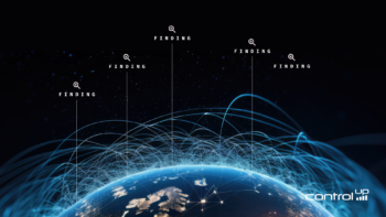 Digital graphic showing a glowing blue Earth at night with illuminated city lights and a complex web of interconnecting data lines arching over the globe. Above the horizon, six thin vertical lines point to floating magnifying glass icons labeled with the word "FINDING" against a dark, starry space background. The ControlUp logo is positioned in the bottom right corner.