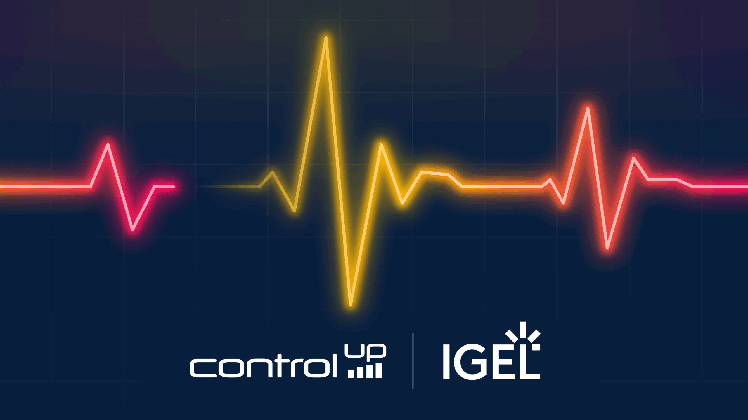Neon heartbeat line or EKG waveform on a dark grid background with the logos for ControlUp and IGEL underneath.