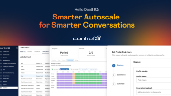 Gemini said A marketing banner for ControlUp's "DaaS IQ" featuring the headline "Smarter Autoscale for Smarter Conversations" over a dark gradient background. The bottom half displays a montage of software interface screenshots, including an activity feed, a weekly scheduling calendar for resource scaling, and a multi-step configuration wizard for peak hours.