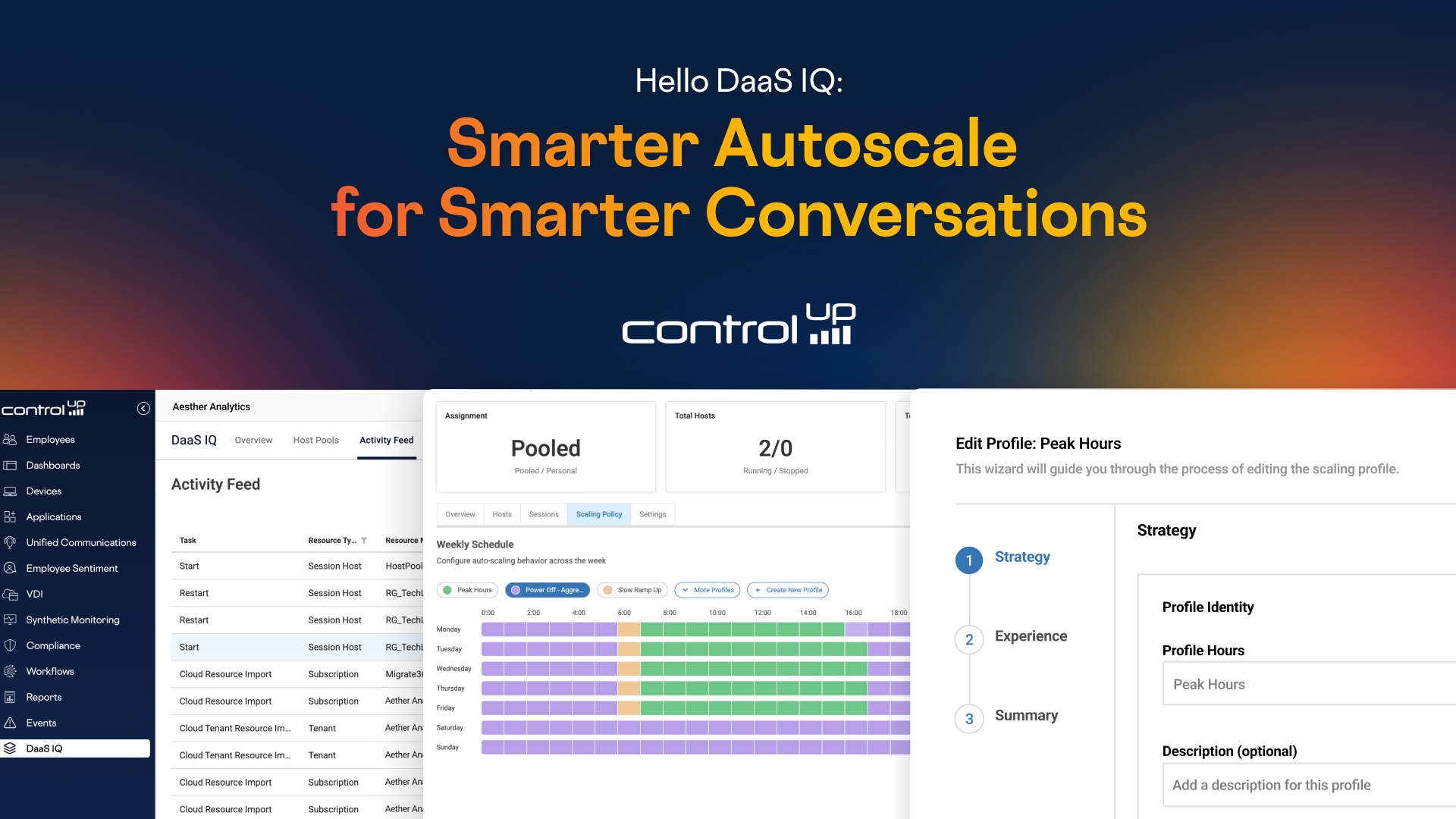 Gemini said A marketing banner for ControlUp's "DaaS IQ" featuring the headline "Smarter Autoscale for Smarter Conversations" over a dark gradient background. The bottom half displays a montage of software interface screenshots, including an activity feed, a weekly scheduling calendar for resource scaling, and a multi-step configuration wizard for peak hours.