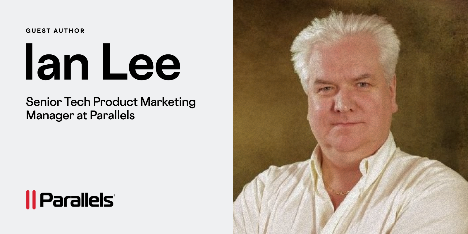 A profile graphic for Ian Lee. The left side of the image displays the name "Ian Lee" in large, black text above the Parallels logo on a white background. The right side features a headshot of Ian Lee, a man with white hair and a white collared shirt, against a brownish-gold background.
