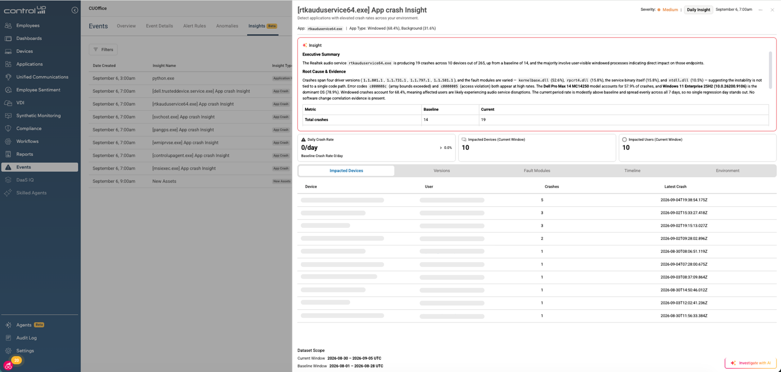 ControlUp Insights detail panel showing root cause analysis for an app crash affecting Realtek audio service across multiple devices.