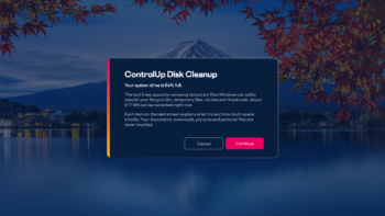 ControlUp Disk Cleanup prompt notifying the user their system drive is 64% full, with an option to free up space.