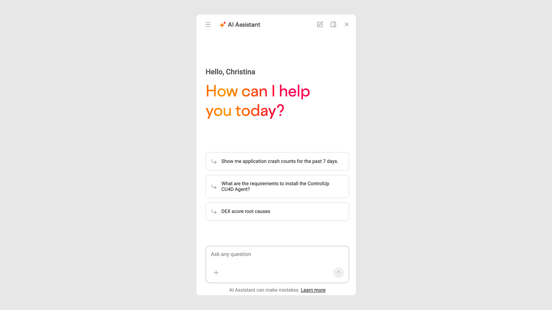Welcome interface on ControlUp's Pulse AI Assistant greeting a user named Christina