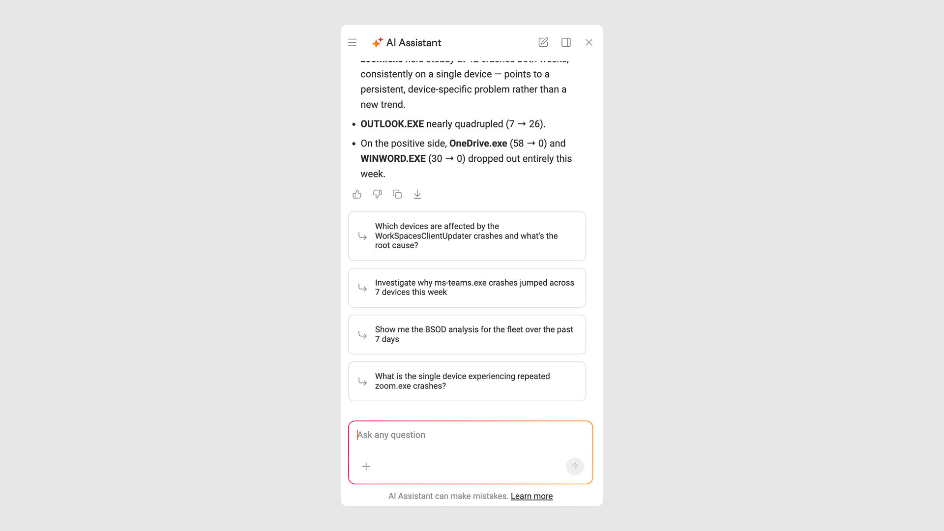 ControlUp's Pulse AI Assistant showing suggested prompts during an IT troubleshooting investigation