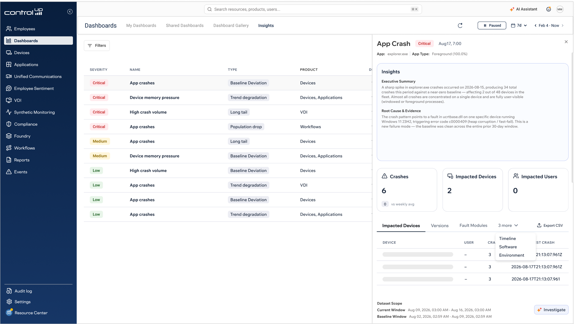 ControlUp dashboard displaying severity-ranked app crash insights alongside a detailed root-cause analysis panel for a critical explorer.exe crash.