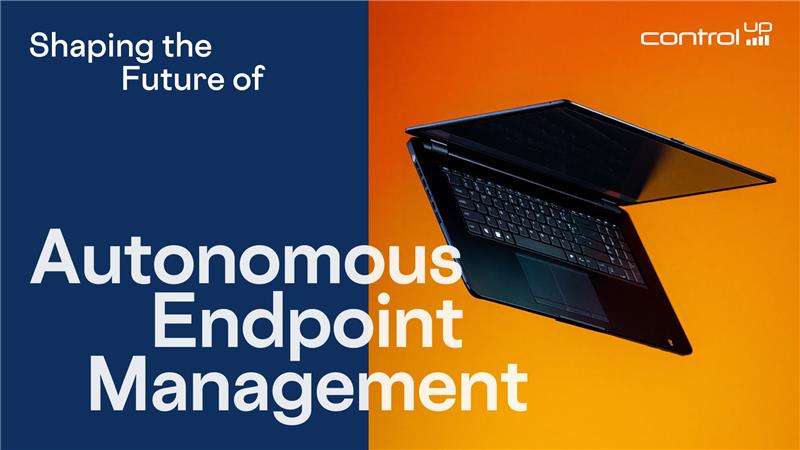 Sleek ControlUp laptop hovering mid-air on an orange background to the right and a split background in dark blue on the left