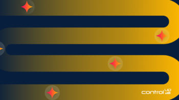 Abstract graphic featuring a winding golden path on a dark blue background, punctuated by red sparkle icons representing AI touchpoints, with the ControlUp logo in the bottom right corner.