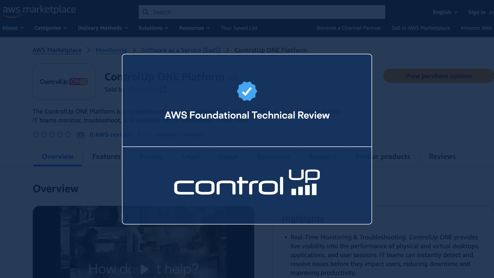 A screenshot of the **ControlUp ONE Platform** page on the **AWS Marketplace**, showing a popup with the message "**AWS Foundational Technical Review**" and a verified checkmark. The popup also features the **ControlUp** logo.