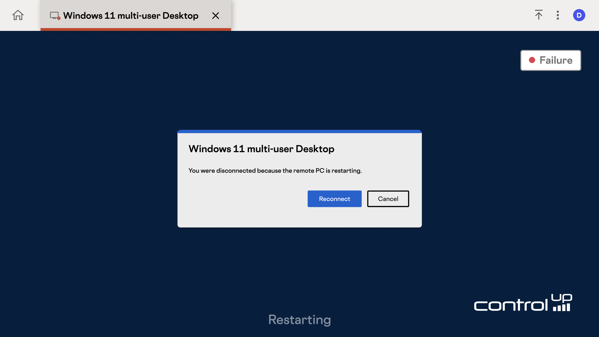 Screenshot showing a "Failure" status in the top right corner and a pop-up in the center that reads "You were disconnected because the remote PC is restarting." The pop-up has two buttons: "Reconnect" and "Cancel." The bottom of the screen has "Restarting" text and the ControlUp logo. The title bar shows "Windows 11 multi-user Desktop" and the image depicts a failure in a virtual desktop synthetic monitoring process.