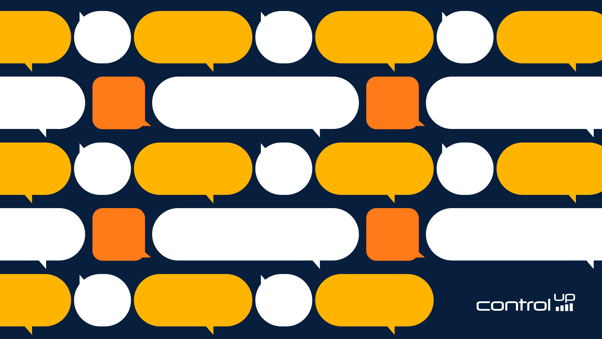 A geometric pattern of speech bubbles in various shapes and sizes—ranging from circular to elongated capsules—in white, yellow, and orange against a dark navy blue background. The bottom right corner features the "ControlUp" logo in white.