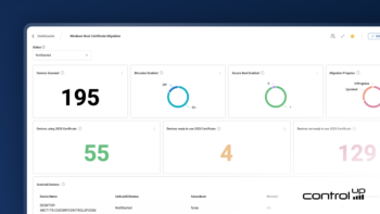 Close-up look at ControlUp's Windows Boot Certifiation Migration dashboard showing stats like devices scanned, BitLocker enabled, Secure Boot Enabled, and more
