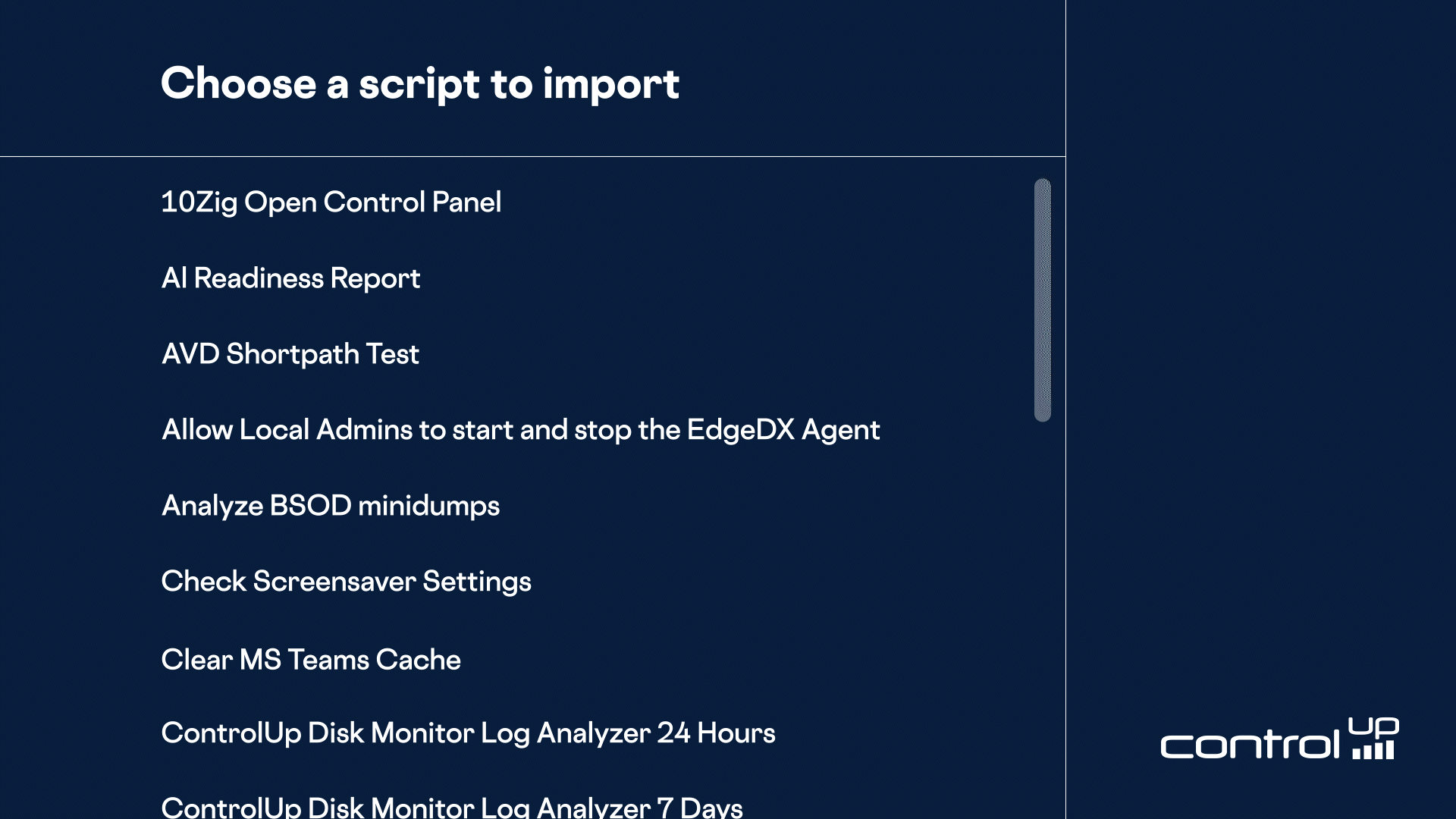 ControlUp Edge DX interface showing the "Choose a script to import" window with the "Detect Windows App Readiness" script selected.