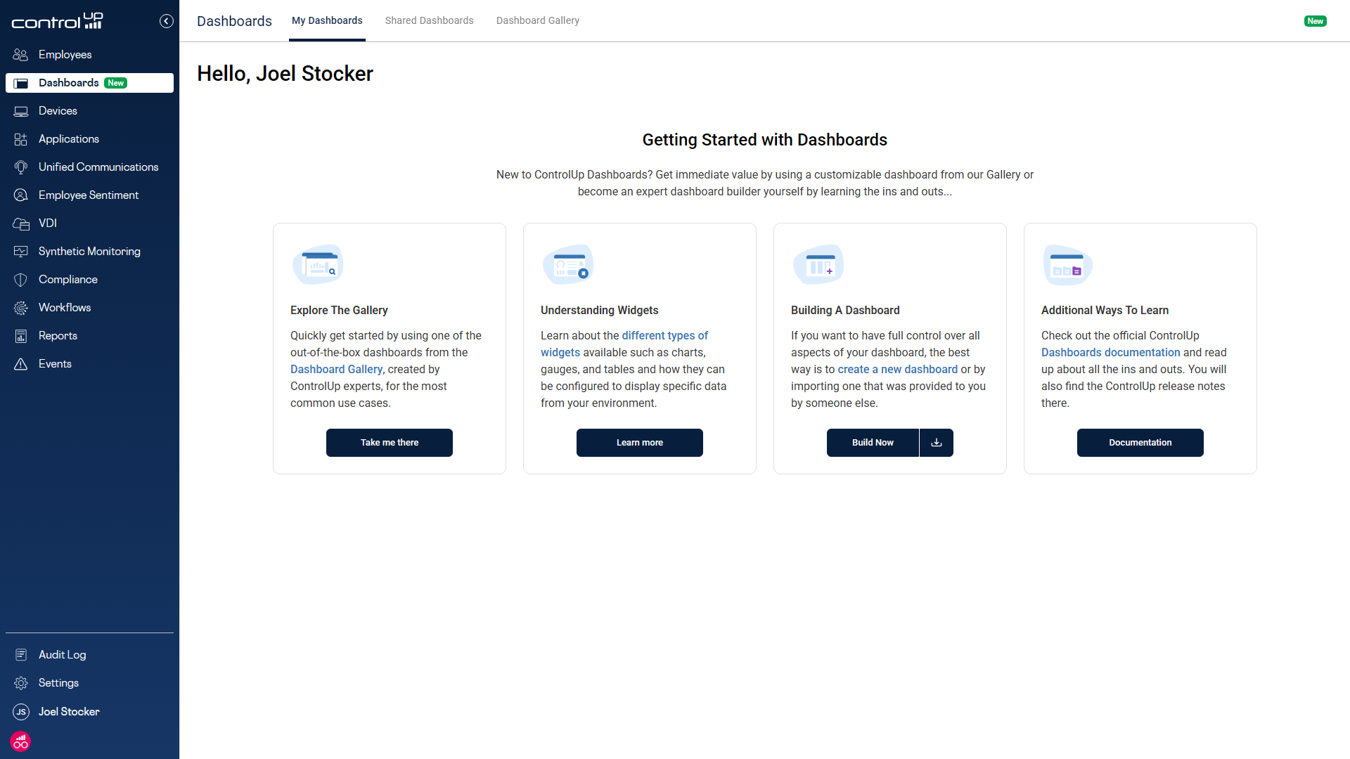 Screenshot of the ControlUp Dashboards landing page, titled "Getting Started with Dashboards" for user Joel Stocker. The screen features four onboarding cards: Explore The Gallery, Understanding Widgets, Building A Dashboard, and Additional Ways To Learn (linking to documentation), designed to quickly guide new users through the feature's capabilities.