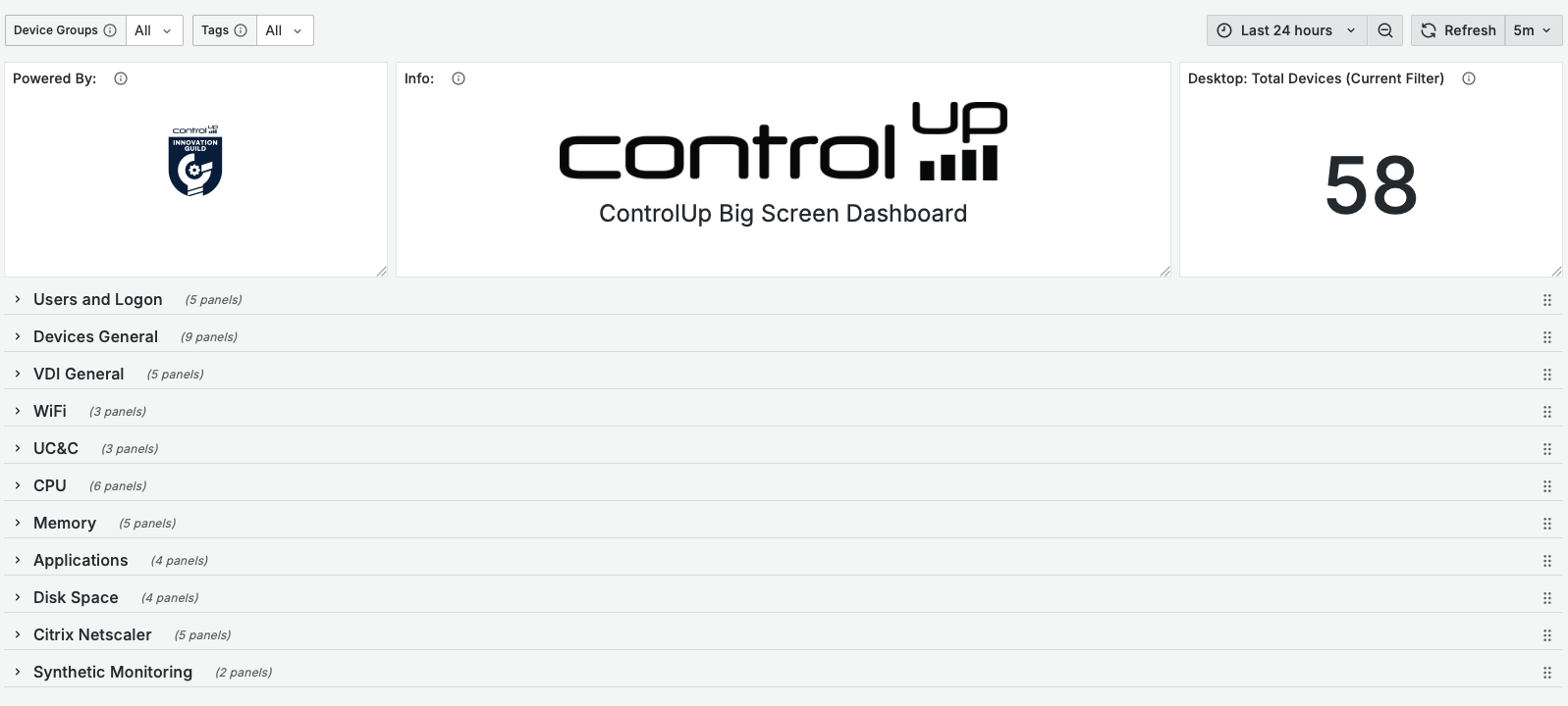 A screenshot of the ControlUp Big Screen Dashboard interface. The top section features the ControlUp logo, "ControlUp Big Screen Dashboard" text, and a panel showing "Desktop: Total Devices (Current Filter)" with a count of 58. Below, various collapsible sections are listed, including "Users and Logon," "Devices General," "VDI General," "WIFI," "UC&C," "CPU," "Memory," "Applications," "Disk Space," "Citrix Netscaler," and "Synthetic Monitoring," each indicating the number of panels it contains.
