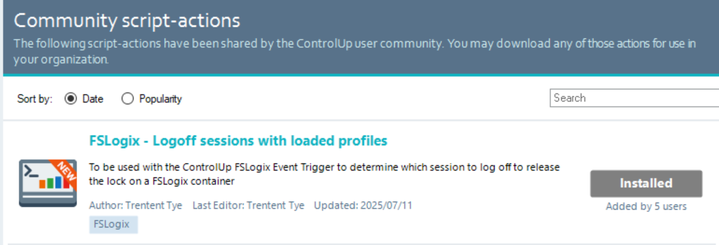 Showing the ControlUp Script Actions Management window under organizational actions with the "FSLogix - Logoff sessions with loaded profiles" installed