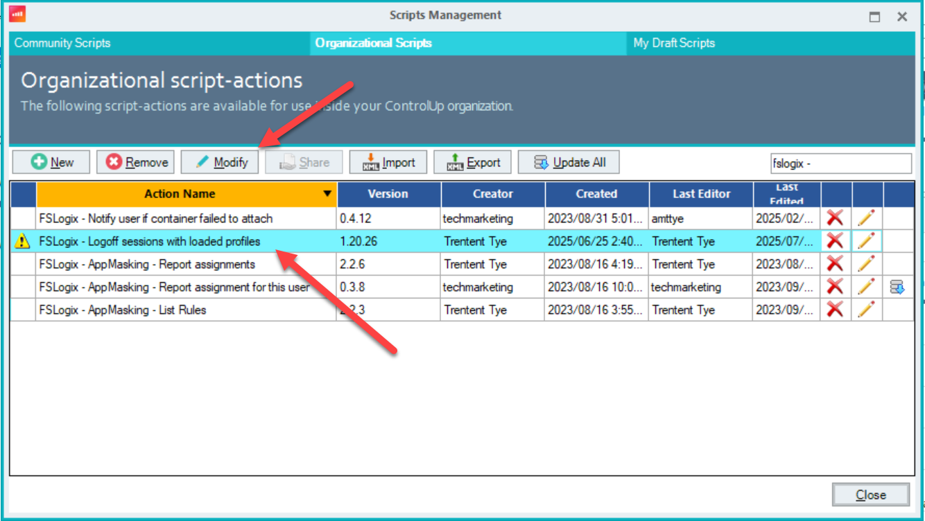 The Scripts Management window focused on Organizational actions with the FSlogix script highlighted and an arrow pointing to the modify button