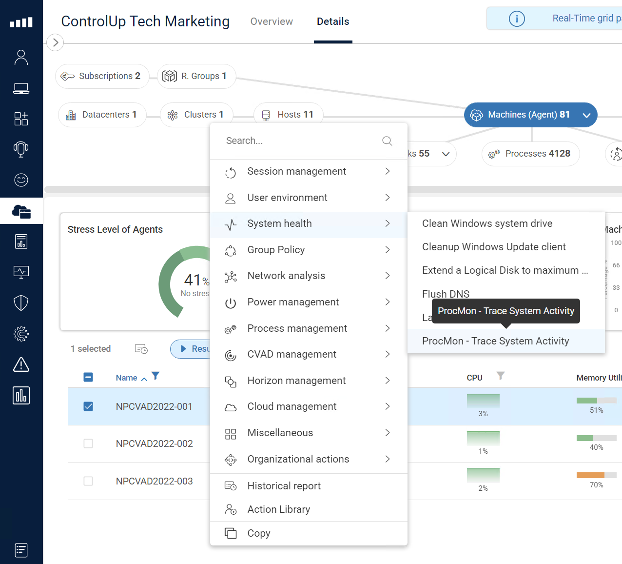 Accessing the ControlUp script action "ProcMon - Trace System Activity" within the machine's System health options to capture logon events.