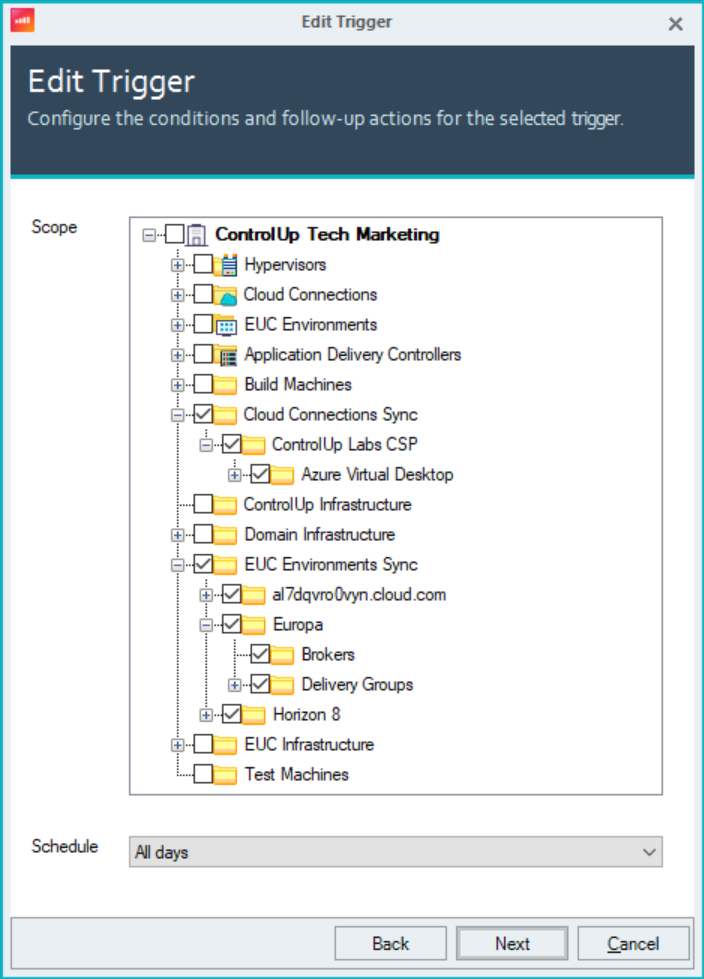 An Edit Trigger dialog showing a series of logical folders with the scope selected