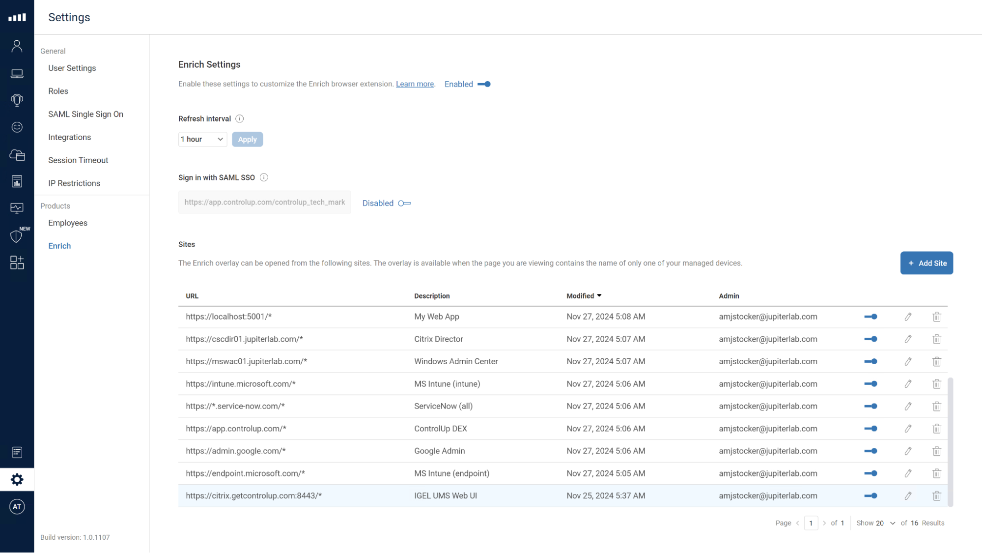 Figure 4: Enrich Settings Enabled with configured sites