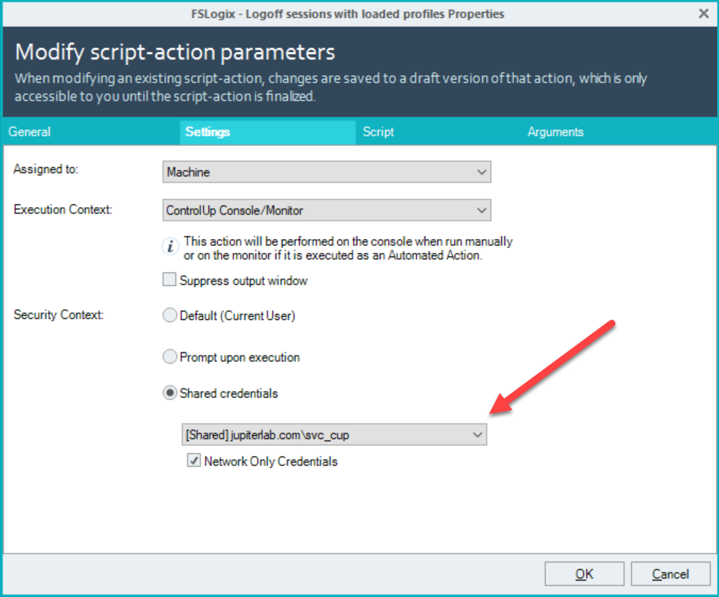 An image of the script action properties, focused on Settings, with an arrow pointing to an account set in the Shared Credentials store