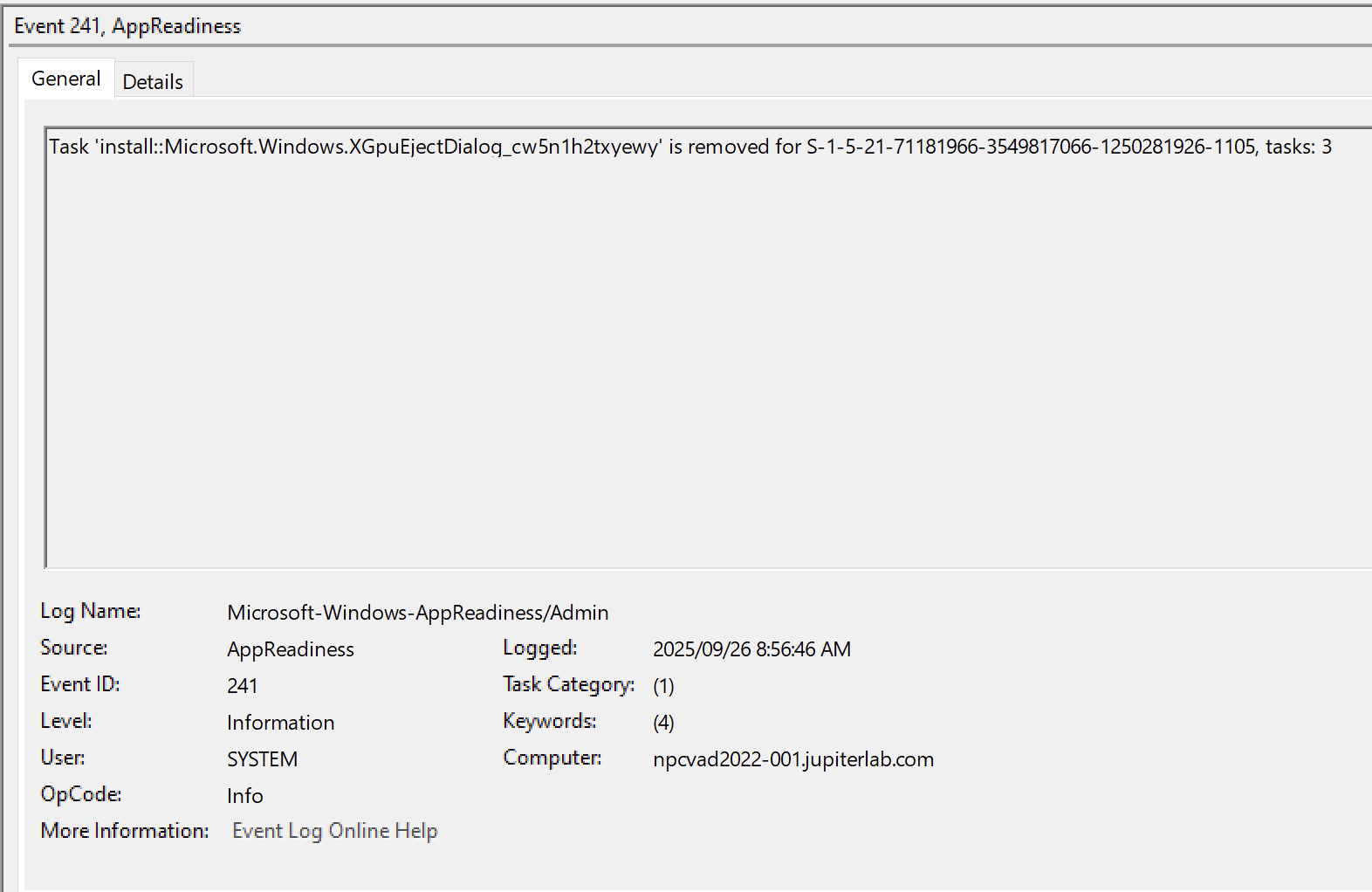 Event ID 241 in the AppReadiness log showing a install task was removed for a AppXPackage
