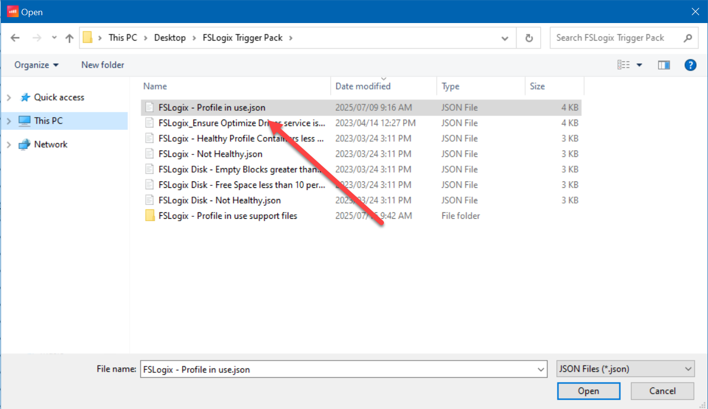 Showing the files in the FSLogix Trigger Pack with the "FSlogix - Profile in use.json"