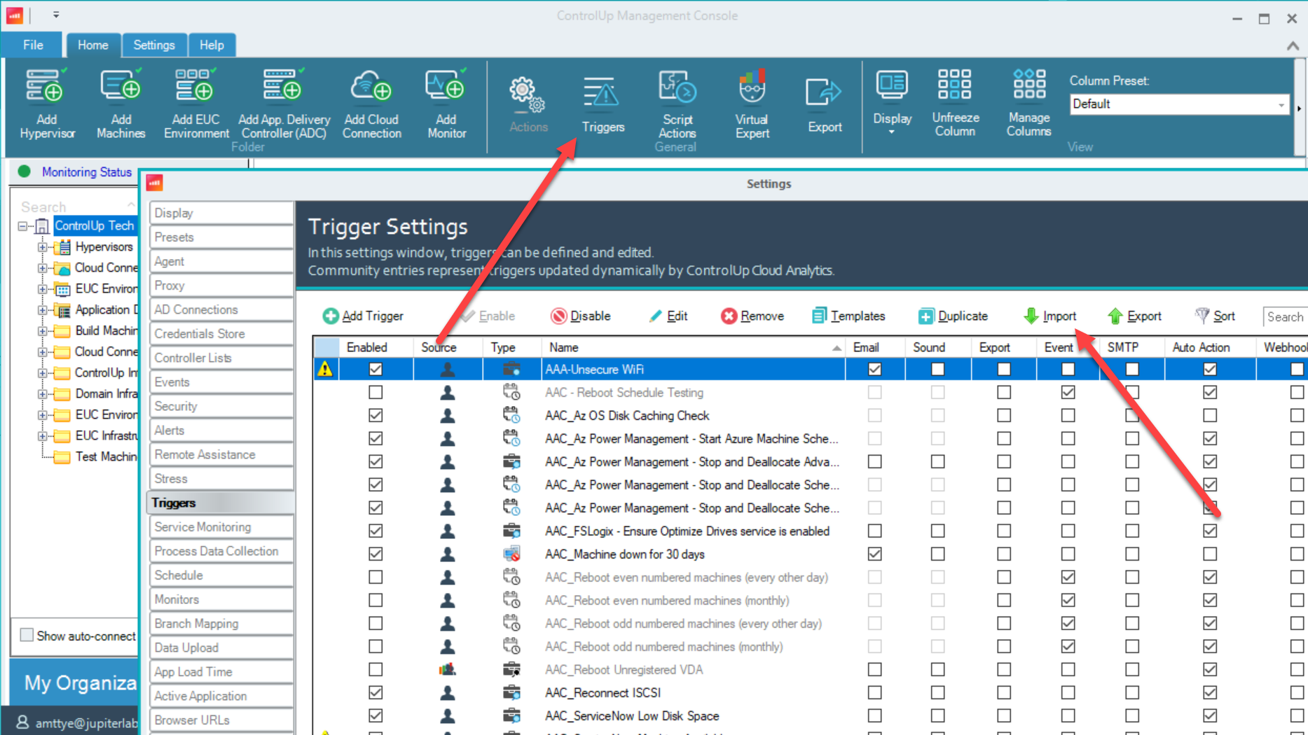 Showing the ControlUp Settings window with Triggers selected pointing to the import button
