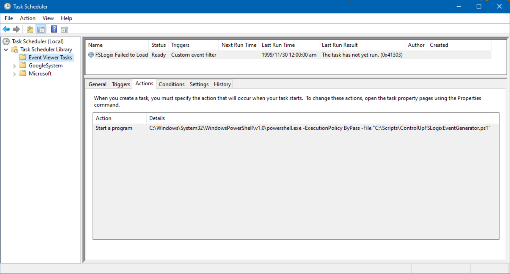 Showing the task scheduler with the newly created event task made from the previous script