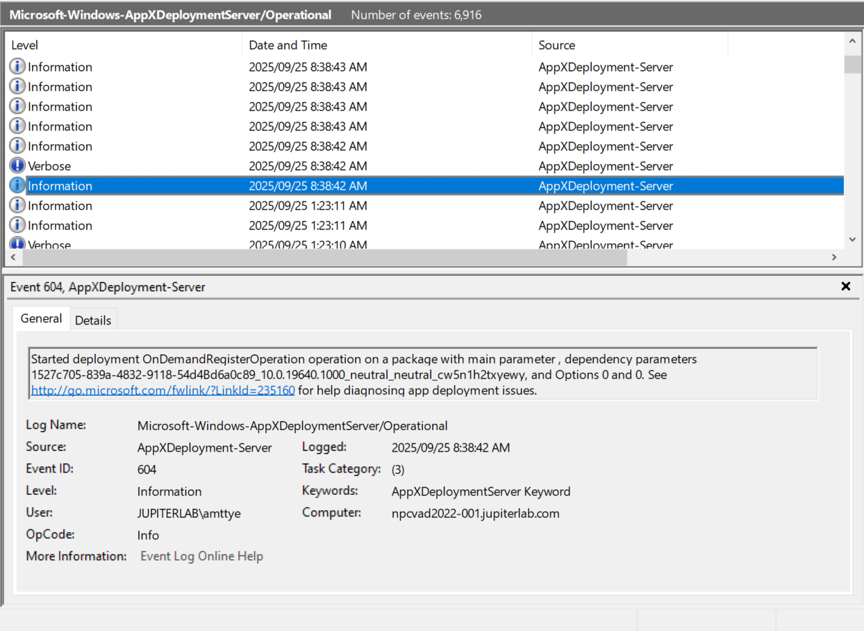 The event viewer showing event 604 in the AppXDeploymentServer/Operational log file with the start of packages starting a on demand register operation