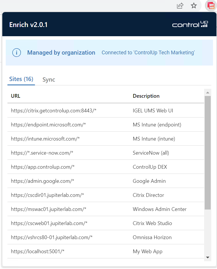 Figure 12: ControlUp Enrich showing the organization and configuration