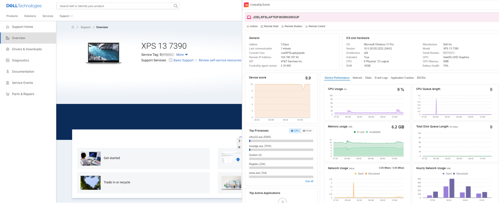 Figure 8: Enrich providing performance and metadata information on a device detected from Dell’s warranty page lookup page.