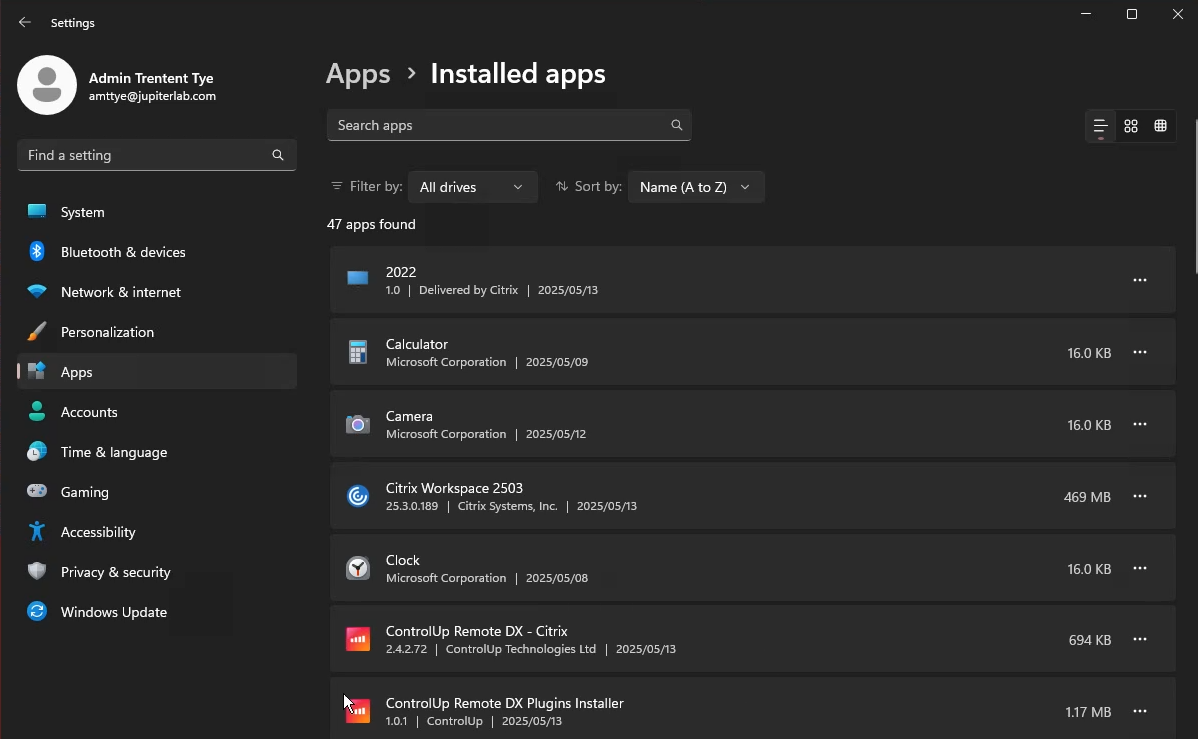 A screenshot of the Windows 11 "Settings" application in dark mode, showing the "Apps > Installed apps" section. The left sidebar highlights "Apps." The main pane displays a list of 47 installed applications. A search bar is present at the top, along with filters for "All drives" and "Sort by: Name (A to Z)." Visible applications include "2022," "Calculator," "Camera," "Citrix Workspace 2503," "Clock," "ControlUp Remote DX - Citrix," and "ControlUp Remote DX Plugins Installer," each with its version, publisher, size, and installation/delivery date.