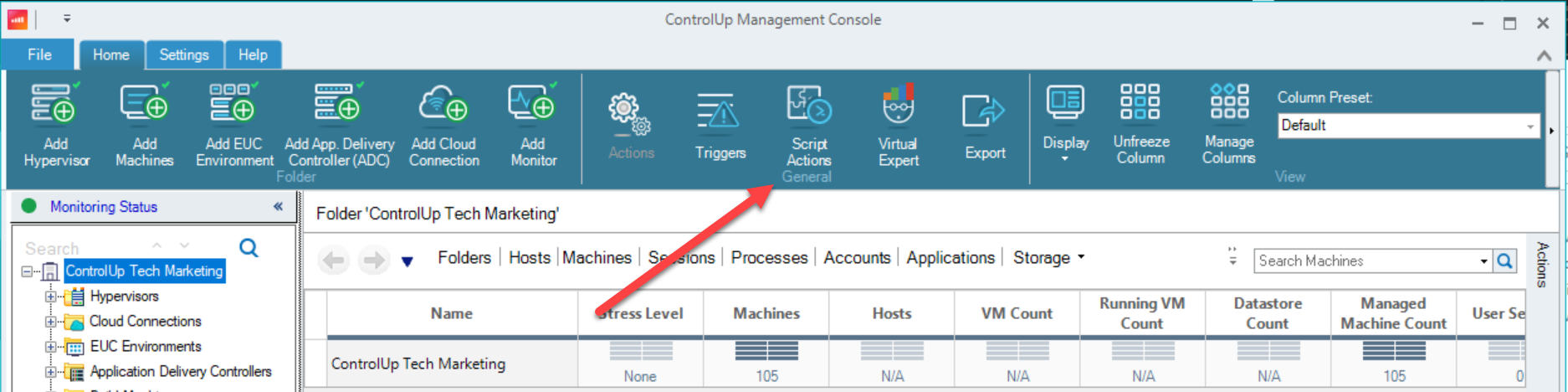 ControlUp console screenshot with an arrow pointing to the Script Actions button