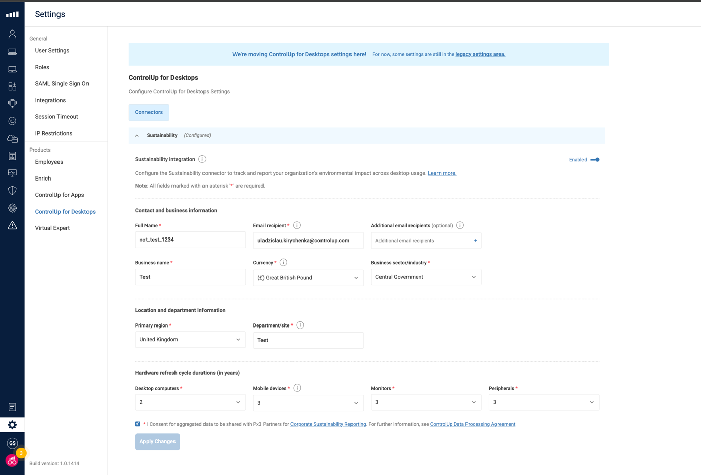 A screenshot of the ControlUp DEX Settings interface, showing the configuration screen for the Px3 Sustainability integration, including fields for contact information, location, and hardware refresh cycle durations.
