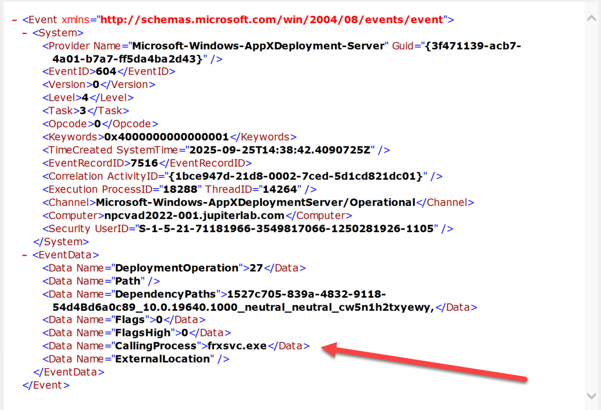 The Advanced Details of the Windows Event showing the "Calling Process" for the event is the FSLogix service, "frxsvc.exe"