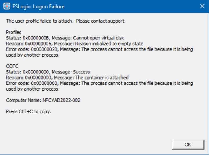 An error message from FSLogix showing "FSLogix: Logon Failure" featuring many lines of status, reason, error code, and computer name.