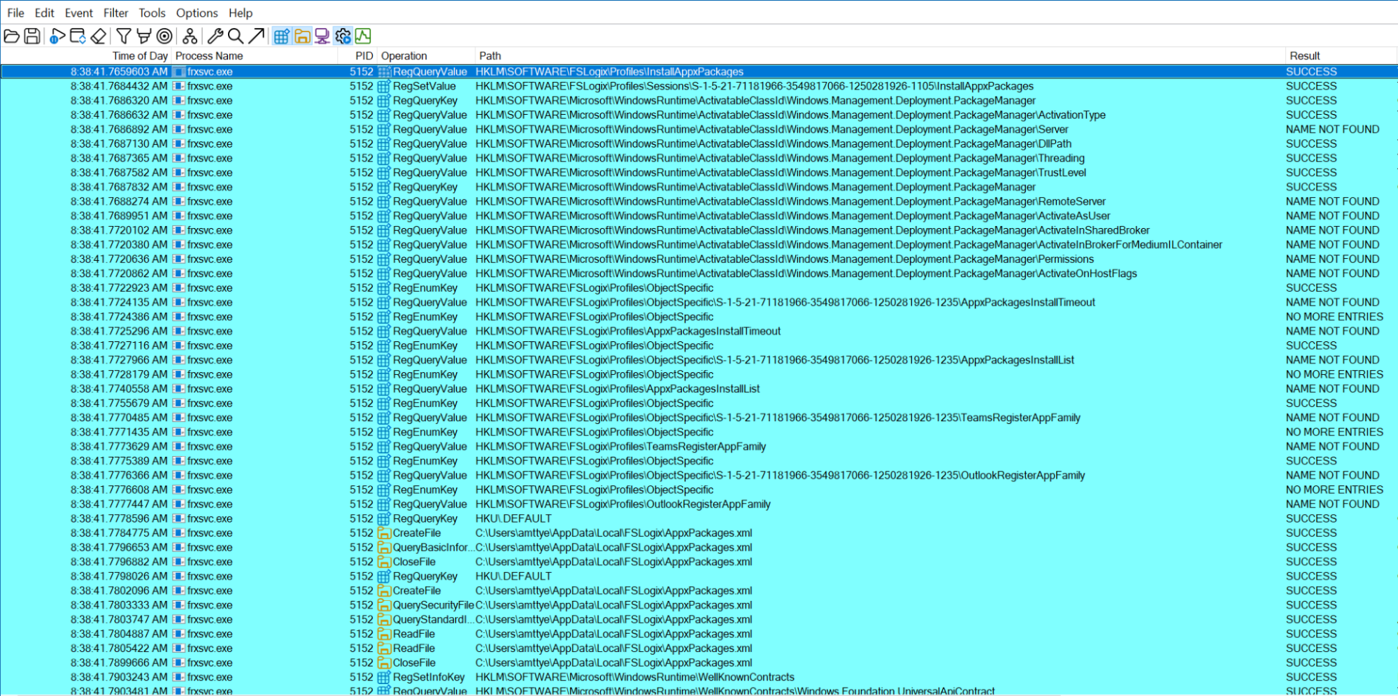 Process Monitor screenshot showing a trace of FSLogix