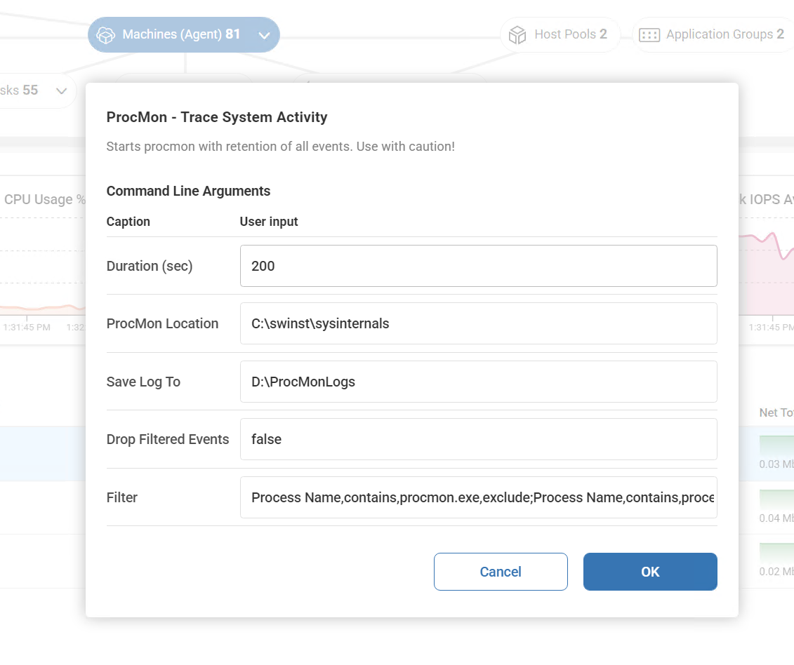 A screenshot showing the parameters in the procmon - trace system activity