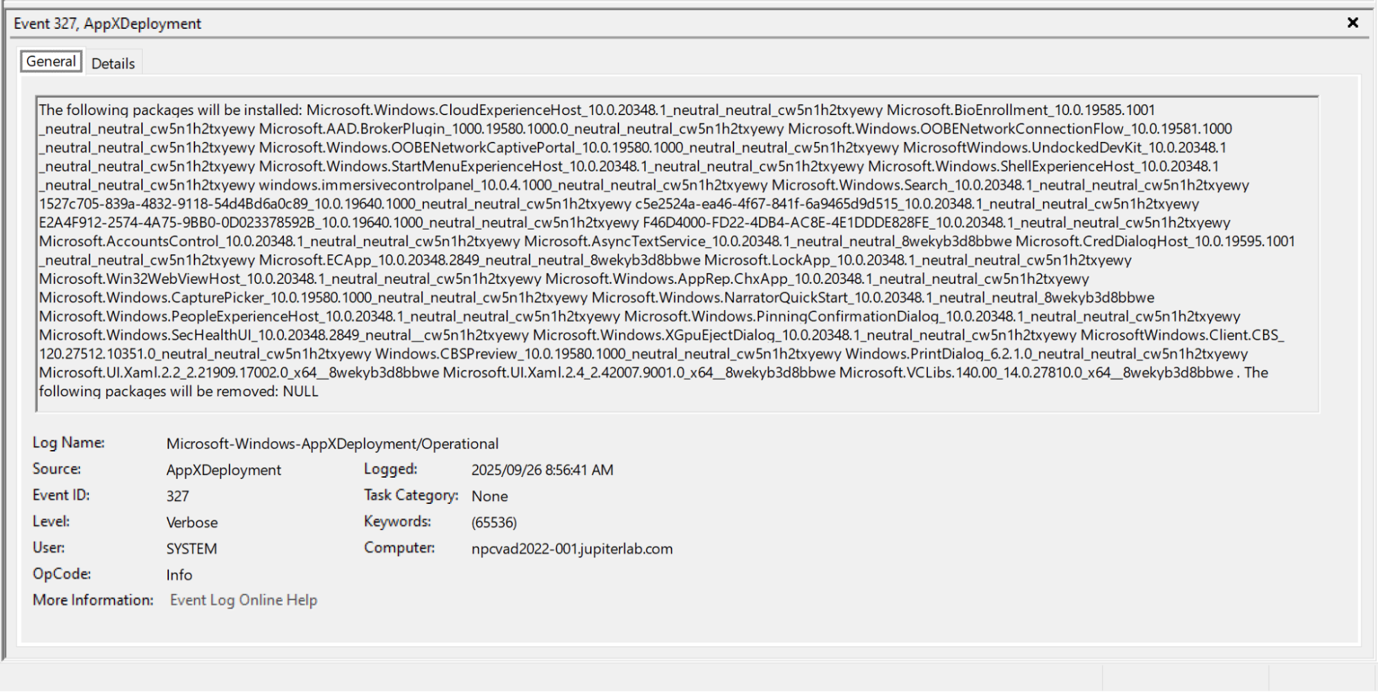 The AppXDeployment log (Event 327) showing a list of packages to be installed