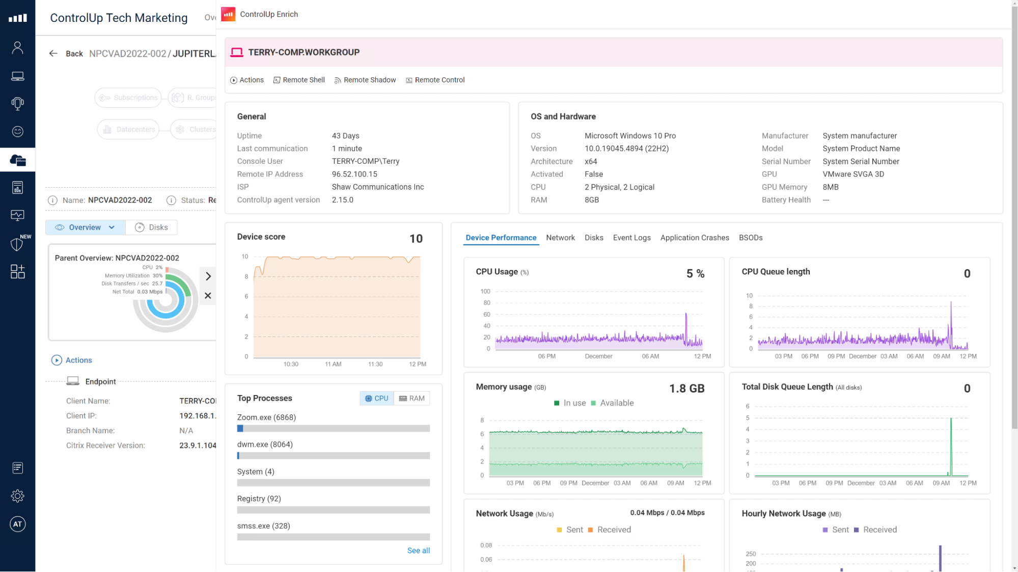 Figure 23: Enrich showing endpoint performance data from within the ControlUp for VDI and DaaS
